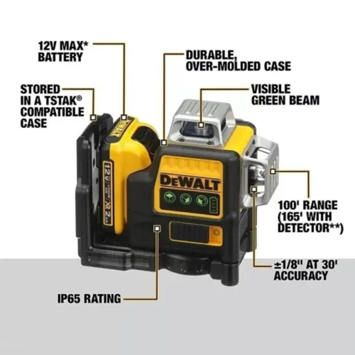 Dewalt-Nivel láser DW089LG, dispositivo Vertical de 360 grados, batería de litio de 12V, 12 líneas, medidor verde Horizontal para exteriores