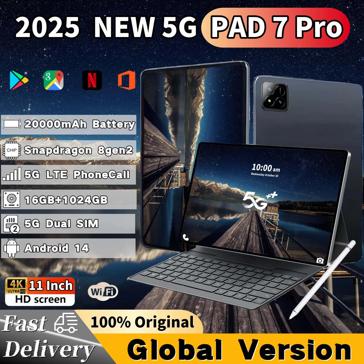 Tableta Pad 7 Pro Original con Android 14, Snapdragon 8gen2 HD, 16GB + 1TB, 2025 mAh, 5G, SIM Dual, Bluetooth, WiFi, GPS, PC, novedad de 20000