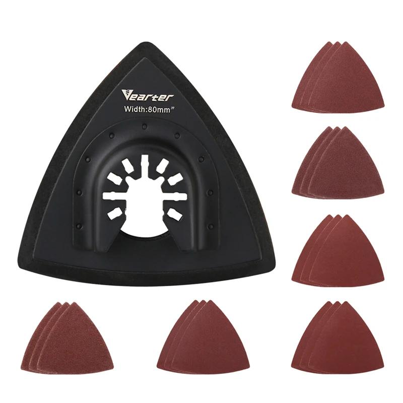 Vearter-almohadilla de arena multiherramienta oscilante Triangular de 80mm, 19 piezas, con gancho y bucle, hoja de papel de lija para molienda de rebabas y eliminación de óxido