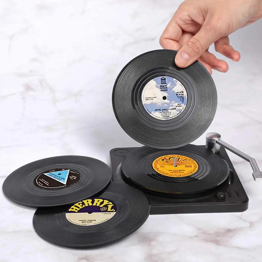 Juego de 6 posavasos de vinilo para bebidas, posavasos de música con soporte de reproductor de discos de vinilo, disco Retro, posavasos, almohadilla para tazas, estera creativa