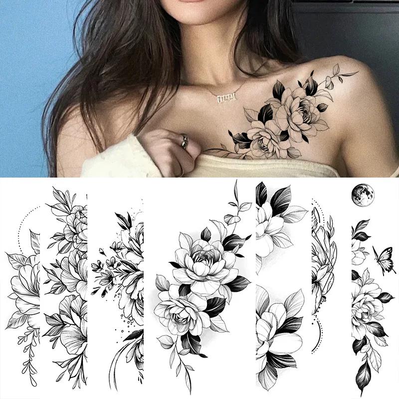 Tatuaje de boceto de flores, flores blancas y negras, tatuajes temporales, tamaño de la pegatina