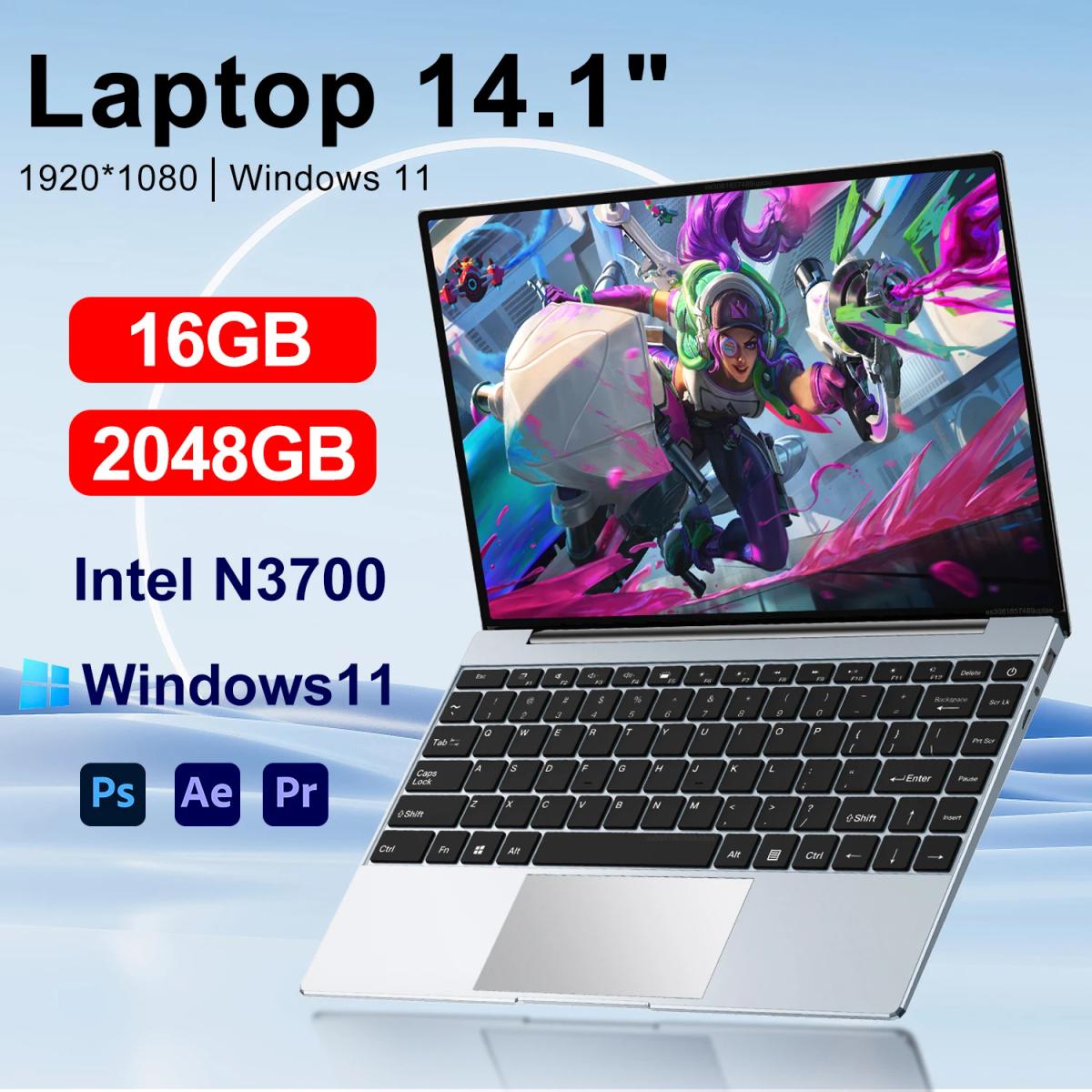 Ultra Slim Laptop 14.1" 16GB RAM 2TB SSD Intel N3700 Notebook Gamer  1920*1080  Display Office Study Computer PC Windows 11 Pro