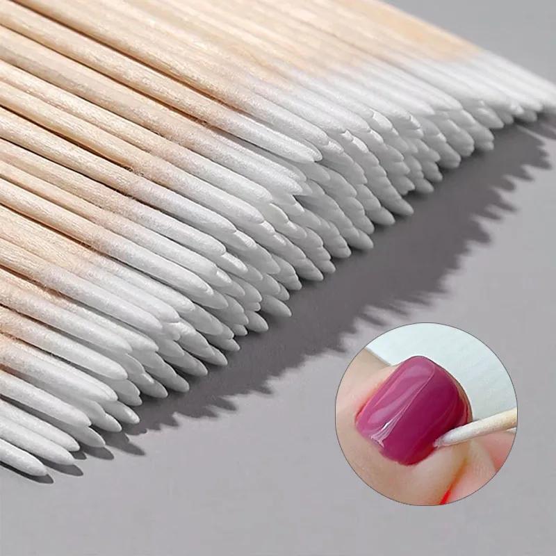 100 Uds. Hisopo de madera para uñas, palos limpios, punta de brote, cabeza de algodón de madera, Corrector de detalle de manicura, herramienta artística para quitar esmalte de uñas