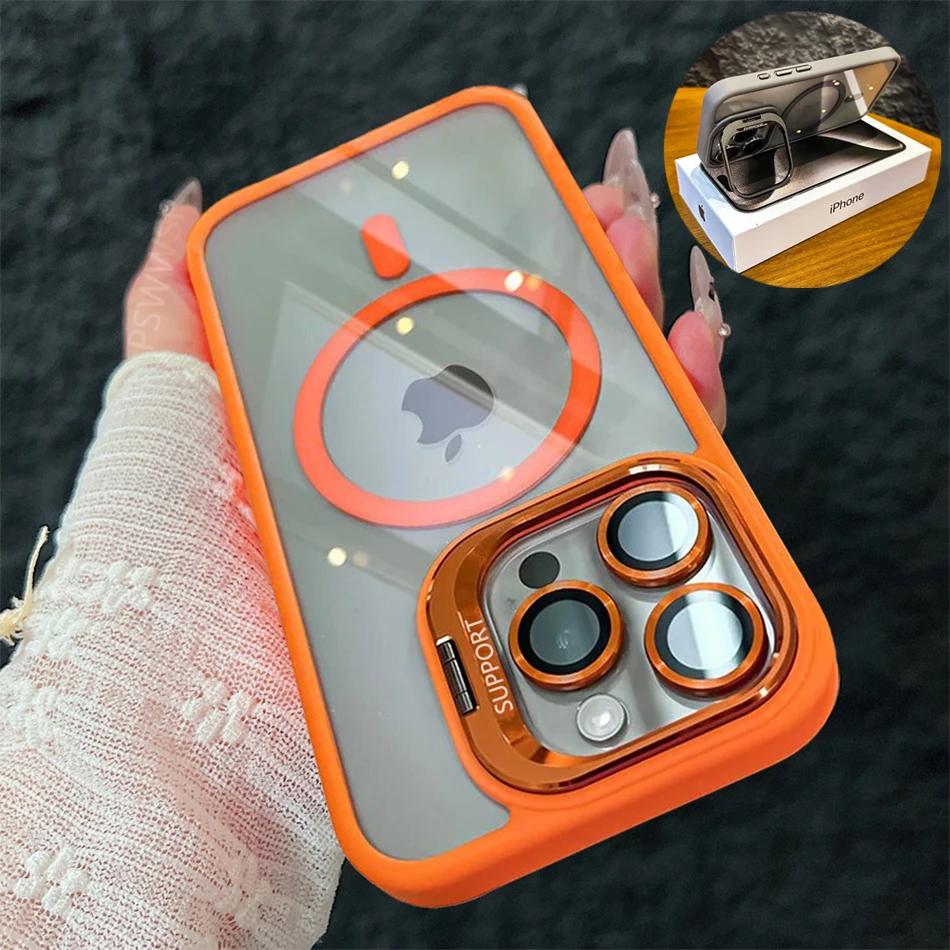 Funda de teléfono magnética de lujo a prueba de golpes para iPhone 15, 16, 14, 13, 12, 11 Pro Max, Funda protectora de lente de cristal con soporte Magsafe