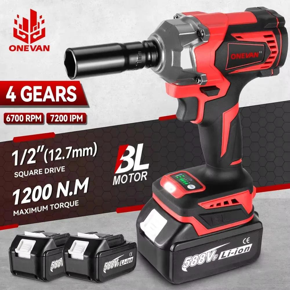 ONEVAN 1200N.M Torque Brushless Electric Impact Wrench 1/2 Inch Cordless Wrench Screwdriver Power Tools For Makita 18V Battery