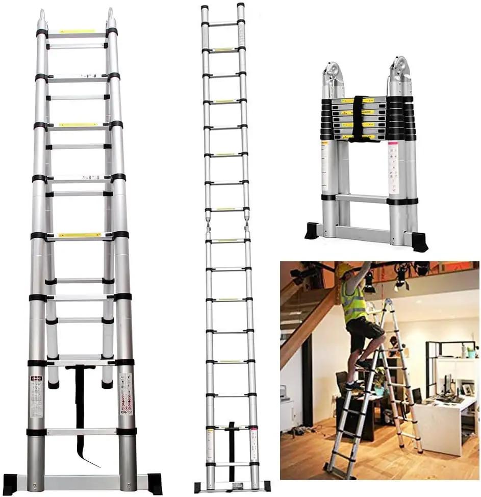 Escalera Escalera telescópica con marco A Escalera de extensión telescópica de aluminio de 3,8 m multiusos con barra estabilizadora para el hogar, EN131