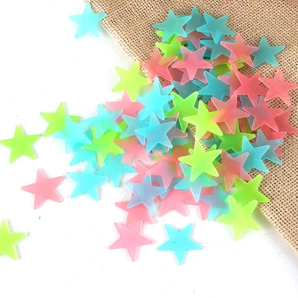 Pegatinas luminosas de estrellas para pared, calcomanías que brillan en la oscuridad para decoración de habitación de niños y bebés, Estrella colorida, Mural de decoración para el hogar, 100 unids/set