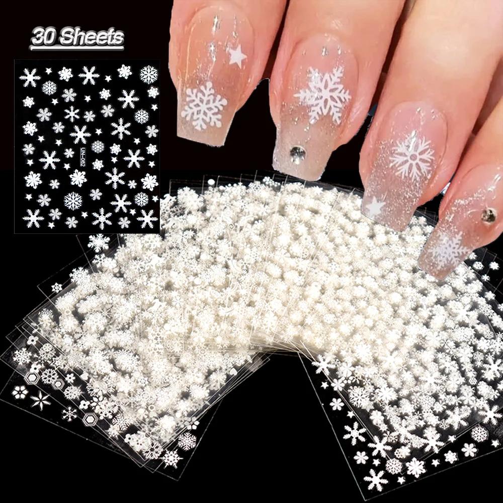 30 hojas de pegatinas navideñas para decoración de uñas, autoadhesivas 3D, copos de nieve blancos, calcomanías para uñas, suministros navideños para uñas, deslizadores de manicura navideña