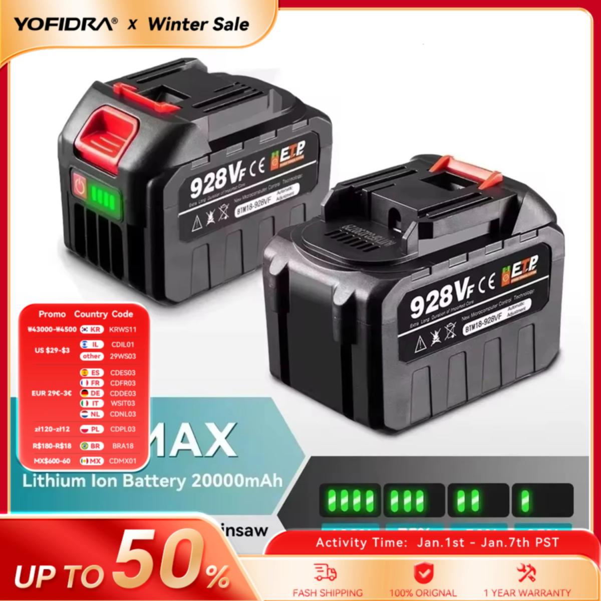 Batería recargable Yofidra 388VF 22500mah 15000mah batería de iones de litio 928VF batería de iones de litio para herramienta eléctrica Makita