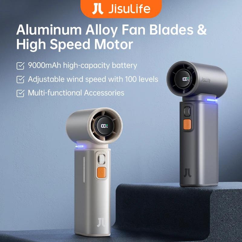 JISULIFE Ventilador de mano turbo portátil, 100 velocidades de viento ajustables, batería recargable de 9000 mAh, pantalla LED, camping al aire libre