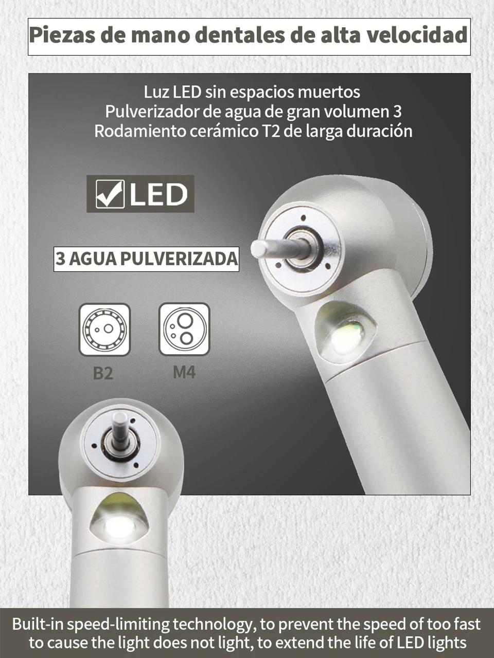 Pieza de Mano Dental LED Alta Velocidad Alta Rotación 3 Spray de Agua Enfriamiento Rápido Rodamiento Cerámico Bajo Ruido Punta de Turbina Herramientas Odontológicas