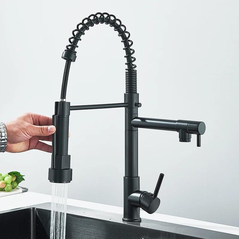 Rozin-grifo de fregadero de cocina extraíble con resorte negro, grifo mezclador de agua fría y caliente con doble caño montado en cubierta, grúa, manija única, SUS 304