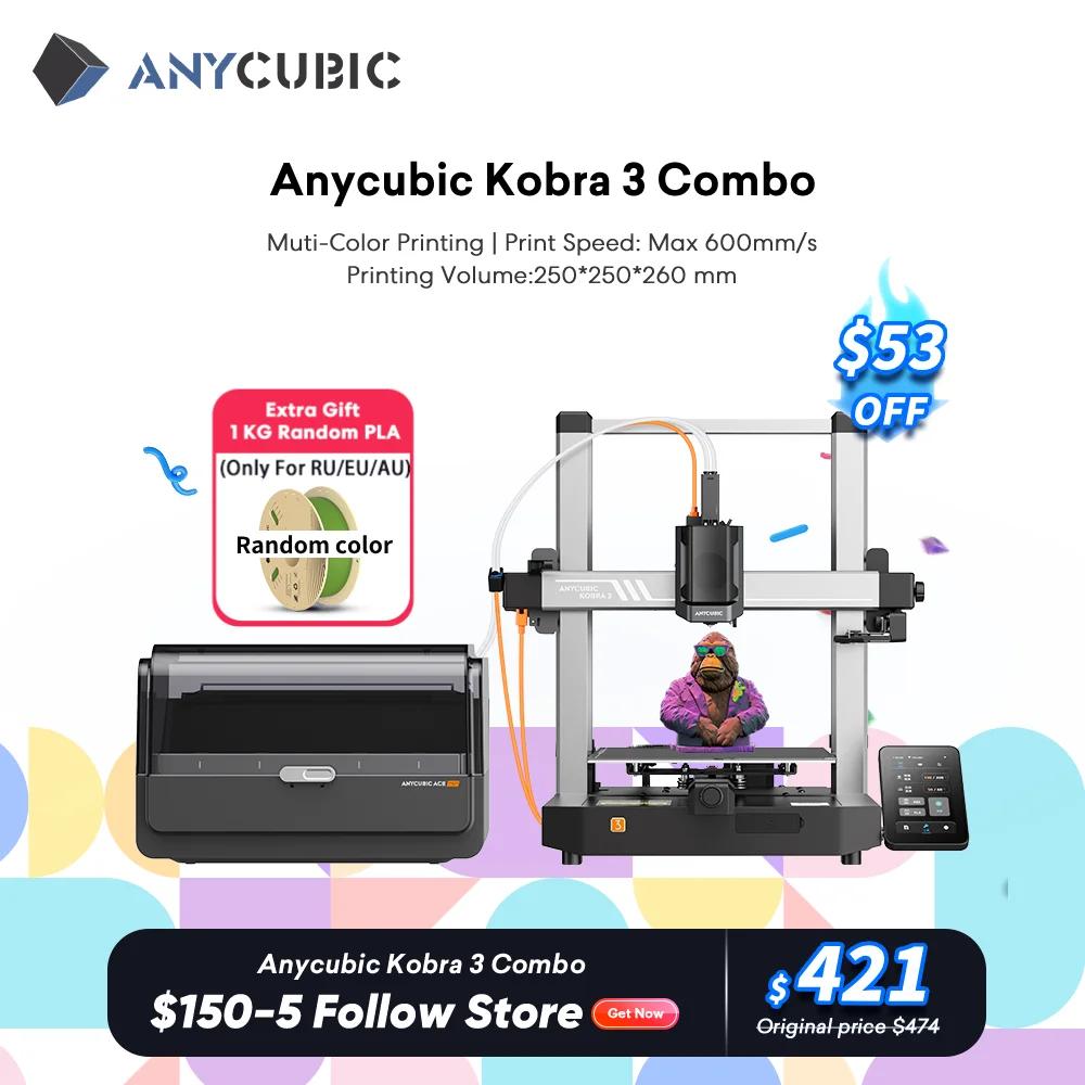 ANYCUBIC-impresora 3D Kobra 3 Combo FDM multicolor, impresión en 4 a 8 colores con velocidad de impresión máxima de 600 mm/s, tamaño de construcción de 250mm x 250mm x 260m