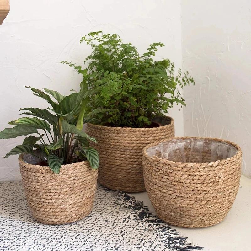 Cesta para maceta de flores tejida con pajita, cesta para macetero de césped, cubierta para maceta para interior y exterior, contenedores para plantas para plantas plantables