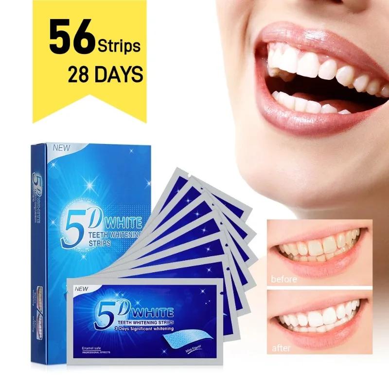 Tiras blanqueadoras de dientes 5D, Gel blanqueador dental, tiras iluminadoras de dientes, elimina manchas, cuidado de la higiene bucal, 28 pares