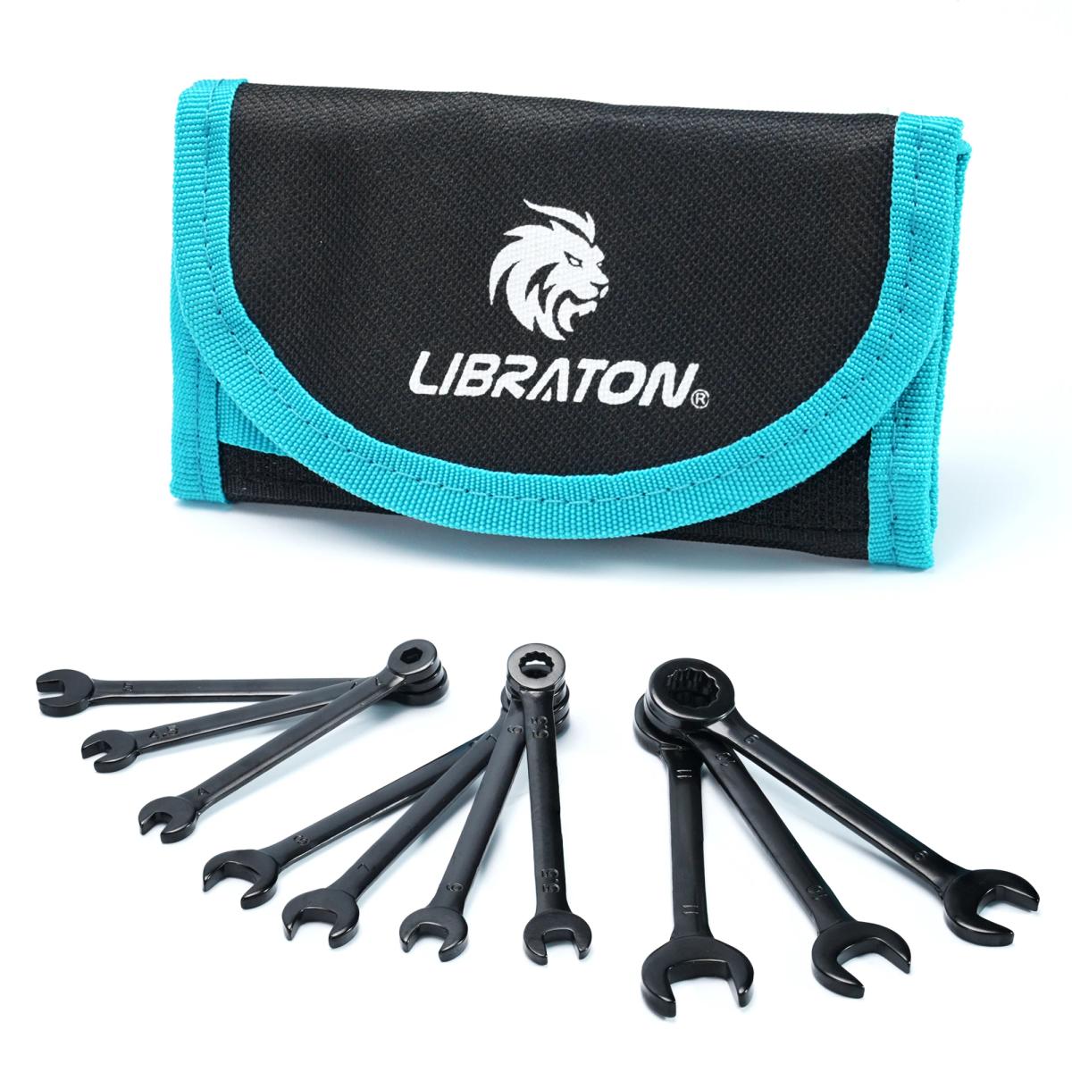 LIBRATON Mini-Juego de llaves combinadas, 10 piezas, con bolsa rodante métrica 4-11mm/SAE 5/32 "-7/16", acero al carbono