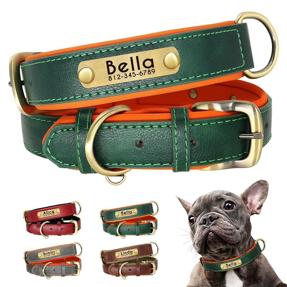 Collar con placa de identificación de cuero personalizado para perros pequeños, medianos y grandes, con relleno suave, nombre grabado gratis, ajustable