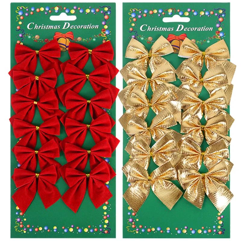 12/24 Uds. Arco de Navidad oro rojo Mini árbol de Navidad adornos colgantes con lazo para decoración del hogar Navidad fiesta de año nuevo regalos DIY