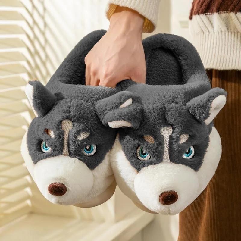Zapatillas de interior de algodón para mujer, zapatos cálidos de invierno con dibujos animados de perro, toboganes de piso para el hogar, calzado antideslizante para hombre y mujer