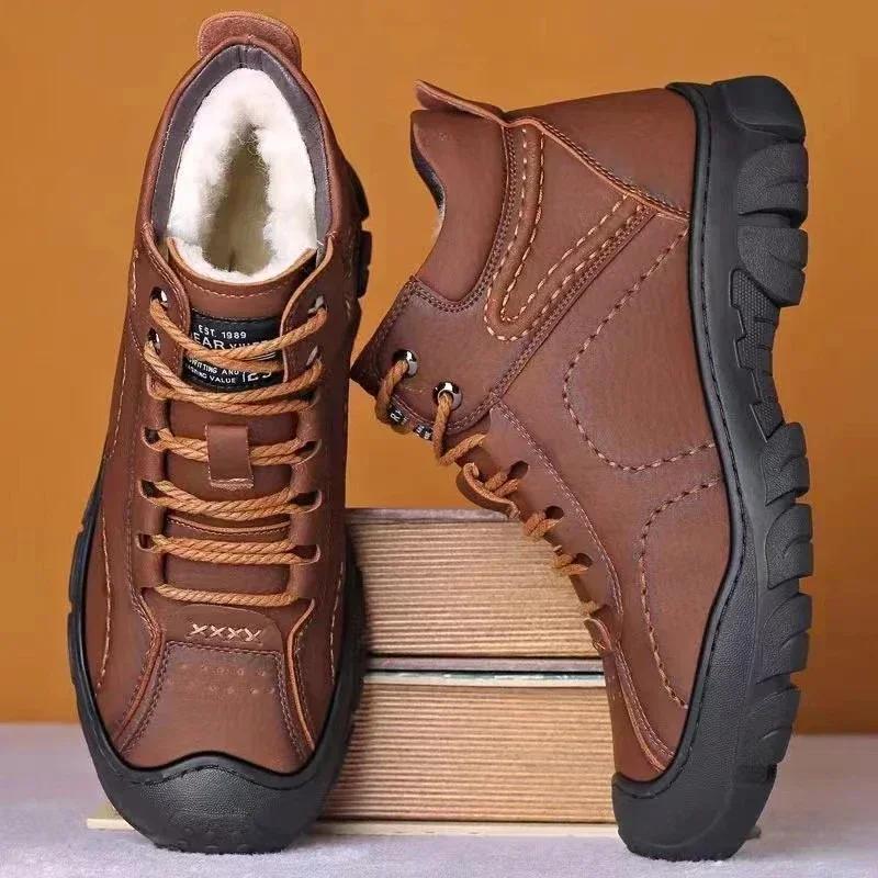 Botas de nieve de algodón para hombre, botines antideslizantes, zapatos de trabajo de calidad con cordones, botas de cuero impermeables para hombre, Bota Masculina