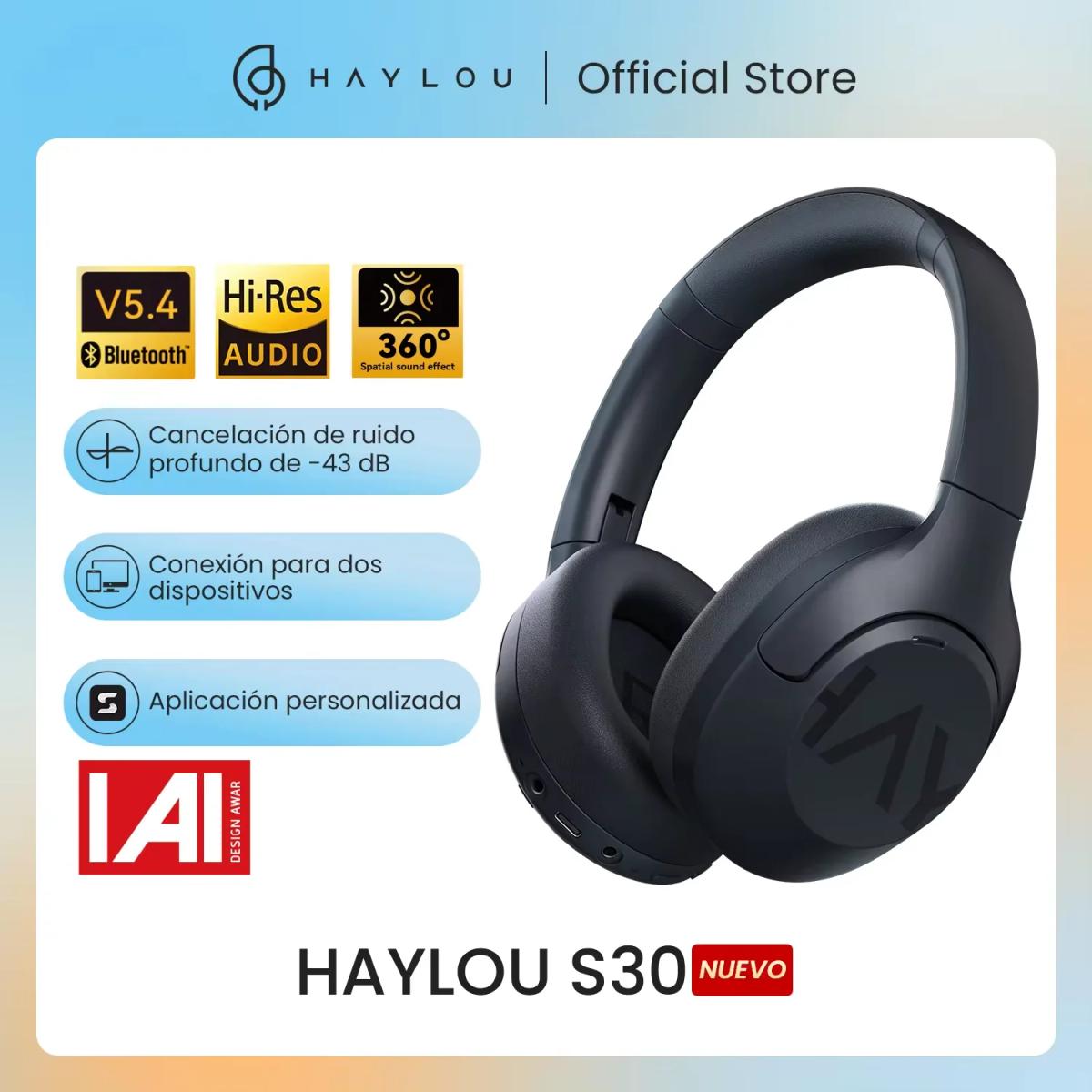 HAYLOU S30 Auriculares Inalámbricos Bluetooth 5.4 43dB Auriculares Adaptativos con Cancelación de Ruido 40mm Driver 80H Playtime Earphones