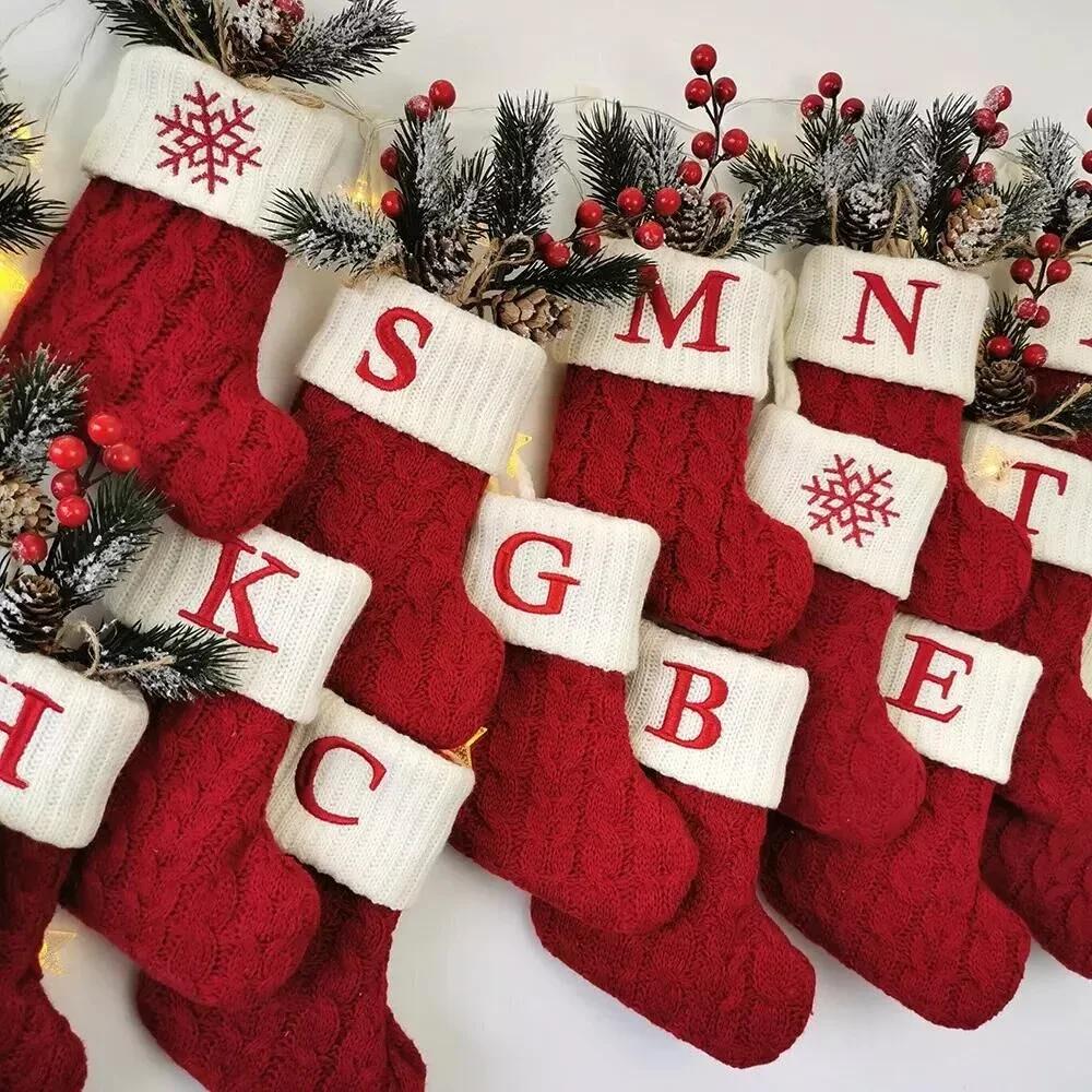 Calcetines de punto con letras de copo de nieve para decoración del hogar, adorno de árbol de Navidad, regalo, 2024, 2024