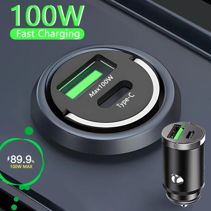 Mini cargador de coche de 100W, QC3.0 mechero de carga rápida para iPhone, Mini PD, USB tipo C, cargador de teléfono para coche para Xiaomi, Samsung, Huawei