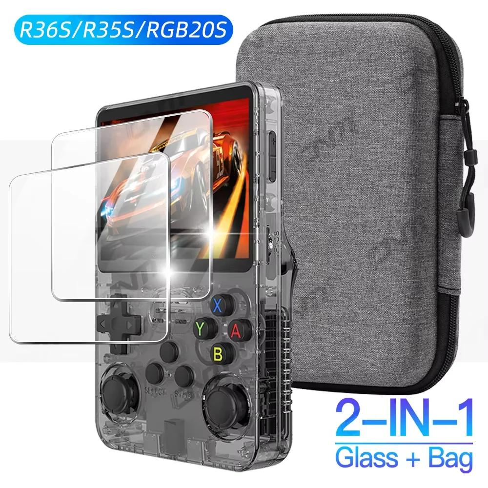 Vidrio + bolsa para R36S/R35S Protector de pantalla película de vidrio templado y estuche de almacenamiento portátil EVA juego de accesorios protectores de consola R36S