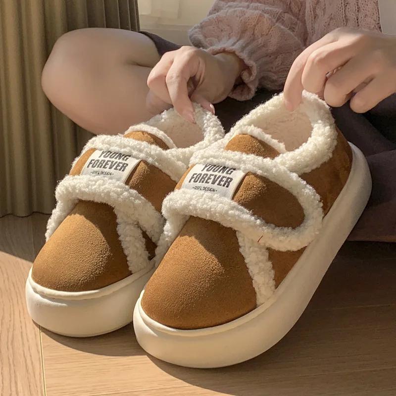 Zapatillas cálidas de algodón para mujer, zapatos de plataforma de invierno, suela gruesa de felpa suave, calzado para el suelo del hogar con tacones, planos esponjosos