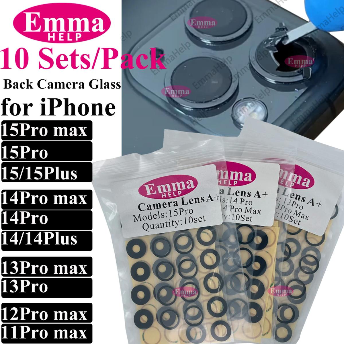 Emmashelp-cubierta de lente de cámara trasera, pegatina de repuesto para iPhone 15, 14, 13, XR, X, XS, SE, 7, 8, 11, 12 Pro Max, A +, 10 unidades