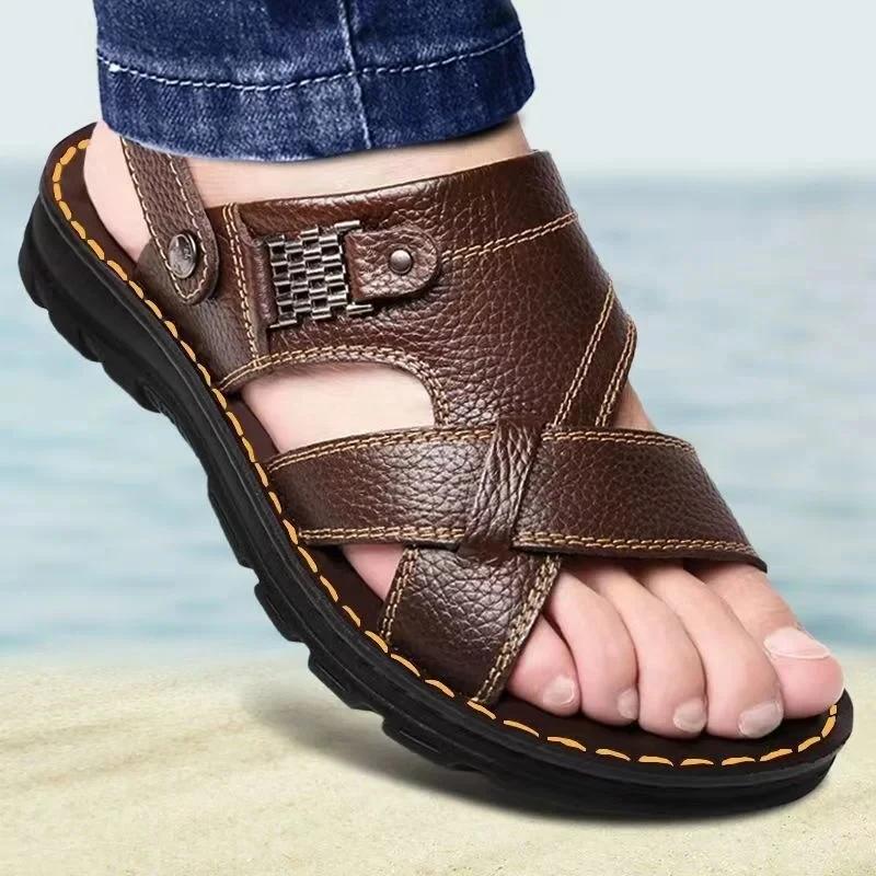 Sandalias de cuero de verano para hombre, zapatos antideslizantes de cuero genuino para hombre, zapatillas para exteriores, zapatos de playa de suela gruesa, sandalias cómodas y suaves para hombre