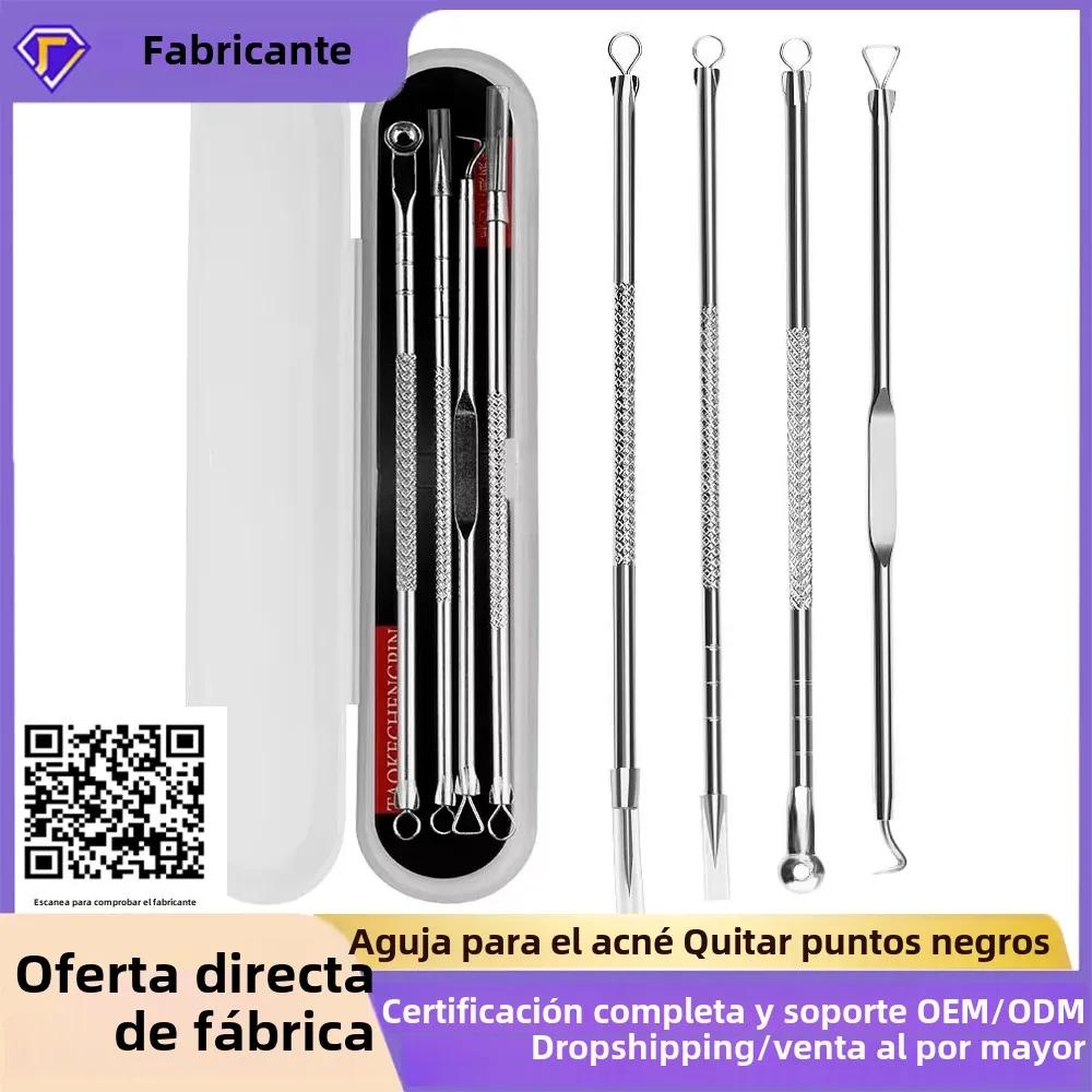 Aguja para acné, elimina puntos negros, imperfecciones, espinillas, comedón, 4 unids/set, limpieza Facial de acero inoxidable de doble punta, cuidado de la piel