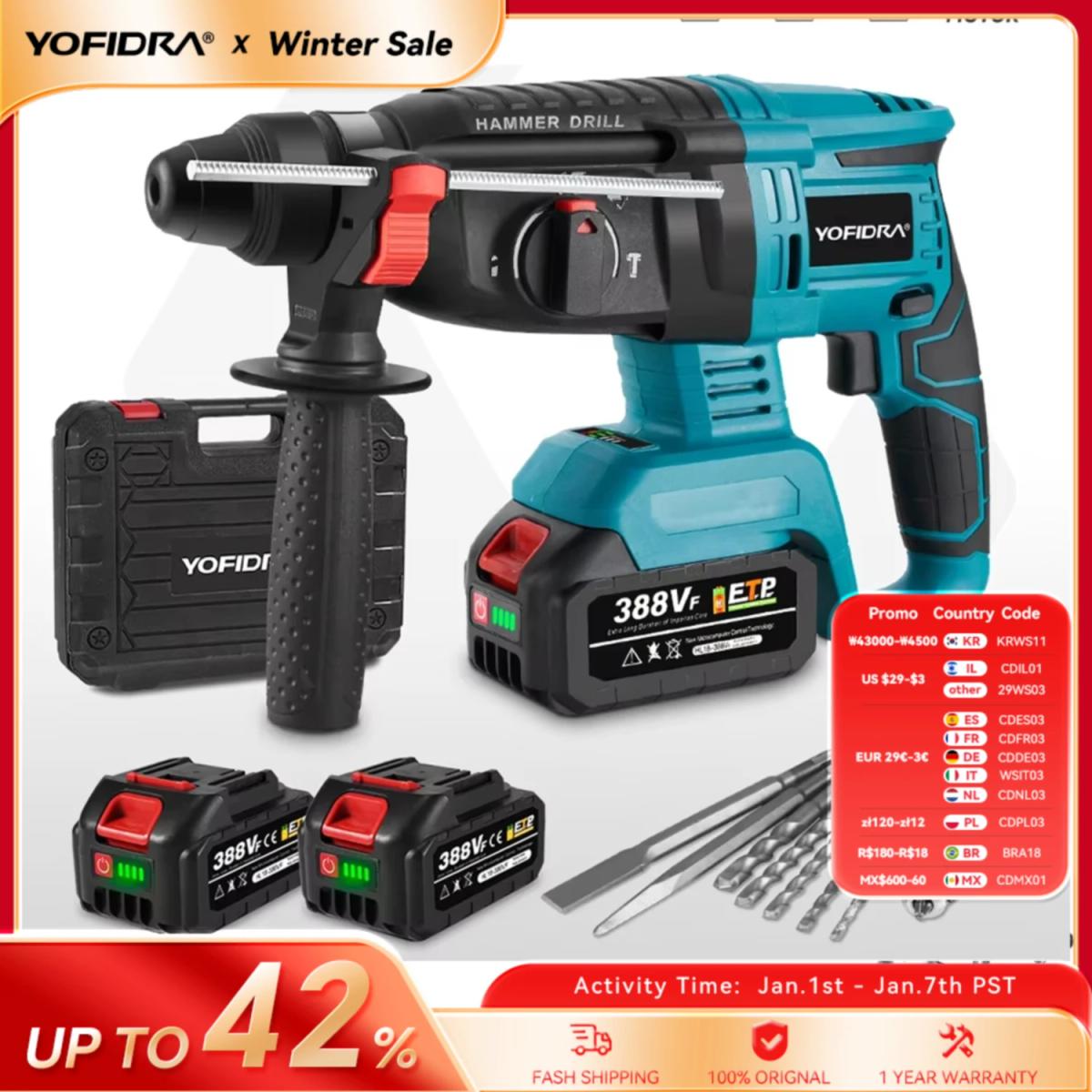 YOFIDRA 26MM Brushless Electric Hammer Drill Multifunctional Rotary Cordless Rechargeable Power Tools For Makita 18V Battery