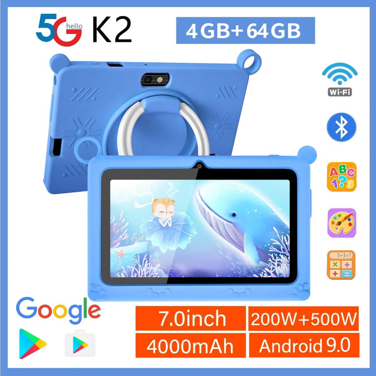 BDF K2 New 5G Kids Tablet 7 Inch Quad Core 4GB RAM 64GB ROM Android 9.0 Google Learning Education Games Tablets WiFi Bluetooth