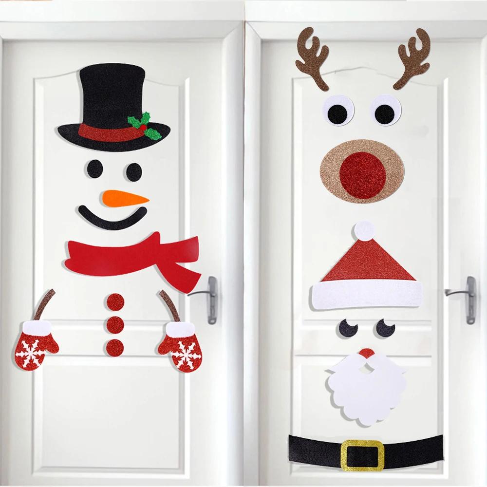 Pegatinas navideñas para puerta y ventana, tela de fieltro, dibujos animados, muñeco de nieve, Papá Noel, alce, pegatina de pared para invierno, Navidad, Papá Noel, decoración de Año Nuevo, calcomanía