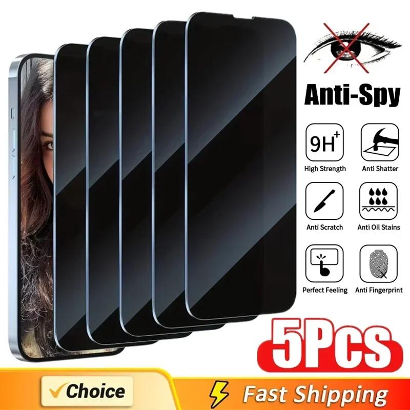 Protector de pantalla de privacidad de cubierta completa de 5 uds para iPhone 16 11 12 13 14 Pro Max Mini 8K vidrio antiespía para iPhone 15 PRO XR X XS MAX