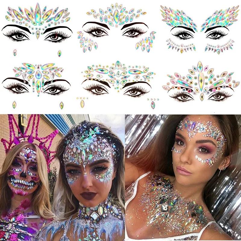 Pegatinas de cara brillante con diamantes de imitación 3D para festival, maquillaje con purpurina, joyería, pegatina en la cara, cristales, gemas, joyas, decoración de diamantes