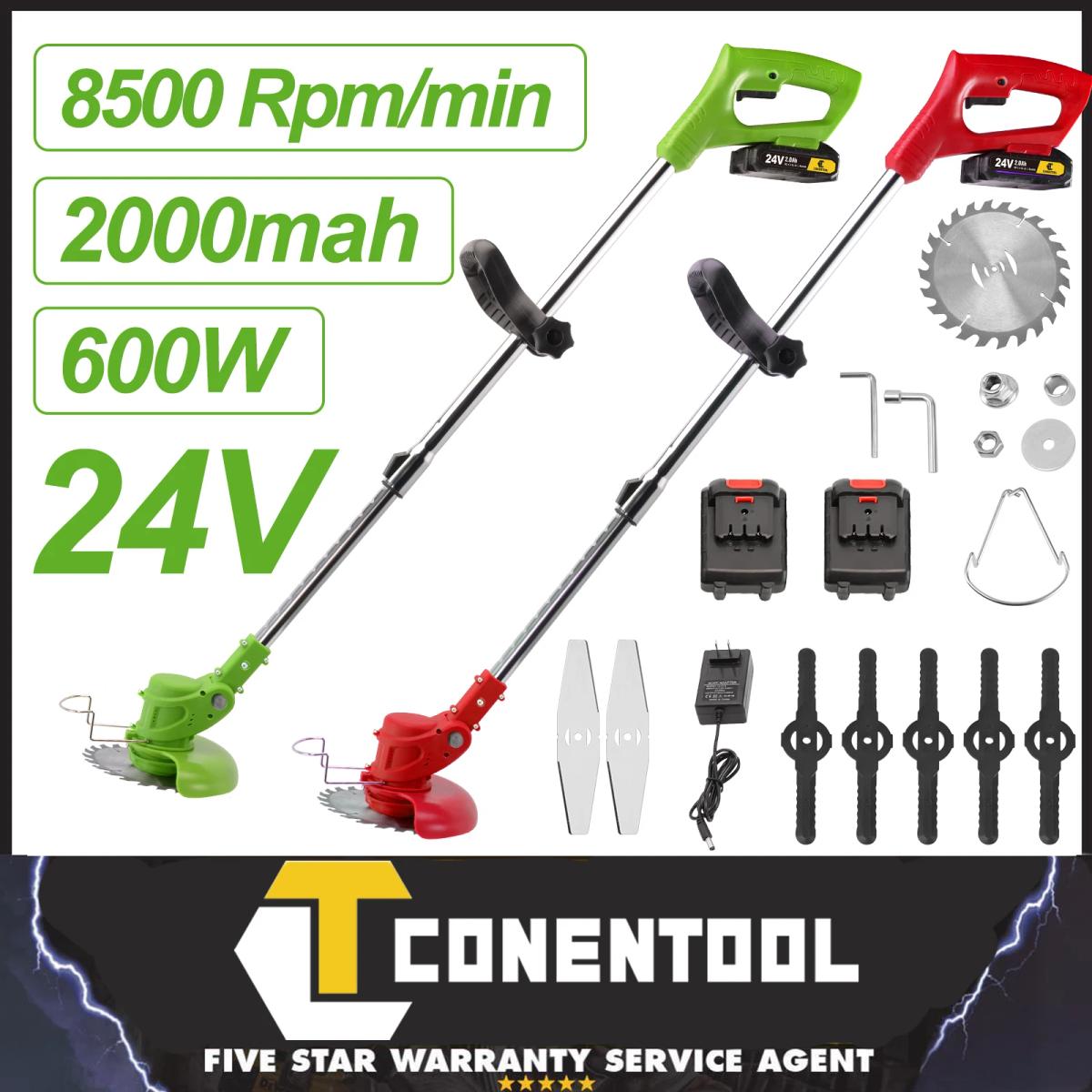 Conentool-cortacésped inalámbrico de 24V, cortacésped de jardín con 2 baterías de 2000mAh y 15 cuchillas