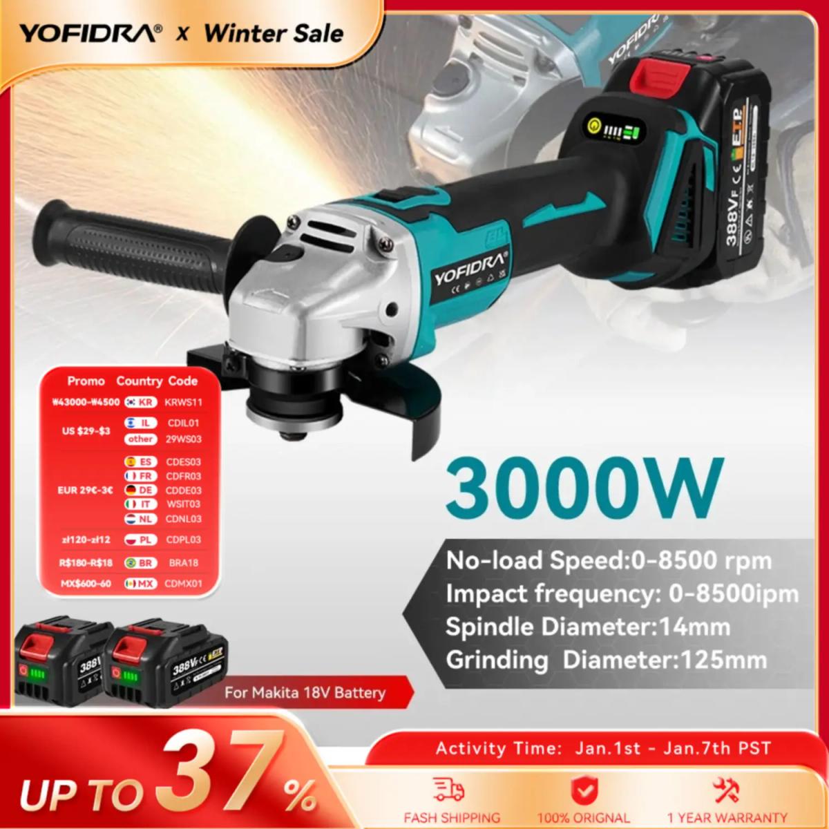 Yofidra 125mm Brushless Angle Grinder 4 Gears Cordless Grinding Machine Cutting Woodworking Power Tool For Makita 18V Battery