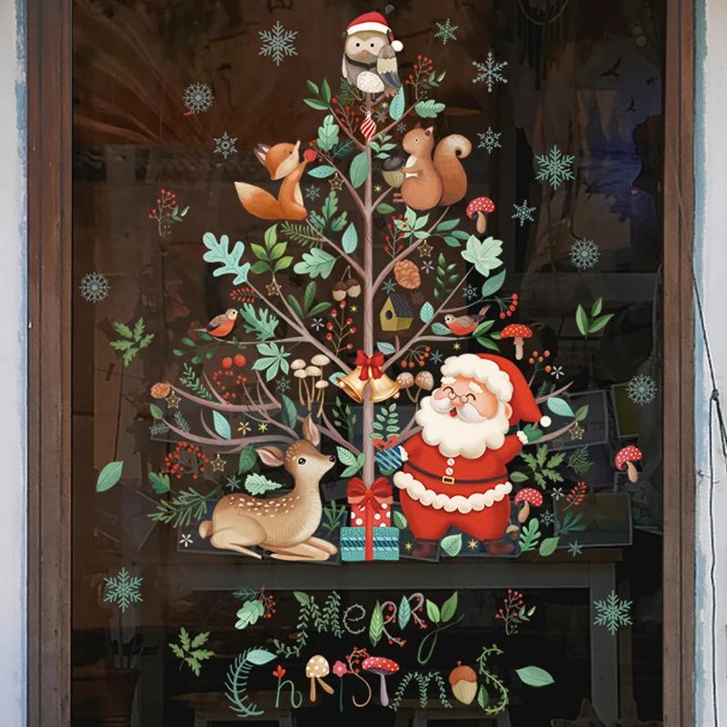 Pegatinas navideñas para ventana, calcomanía de cristal de dibujos animados de Papá Noel, árbol de Navidad, Feliz Navidad, Año Nuevo, decoraciones navideñas para el hogar, 2024