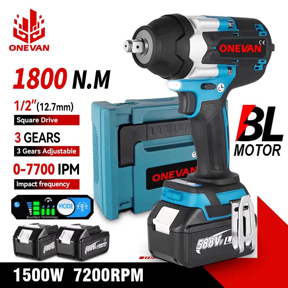 ONEVAN 1800N.M Torque Brushless Electric Impact Wrench 1/2 inch Screwdriver Cordless Wrench Power Tools For Makita 18V Battery