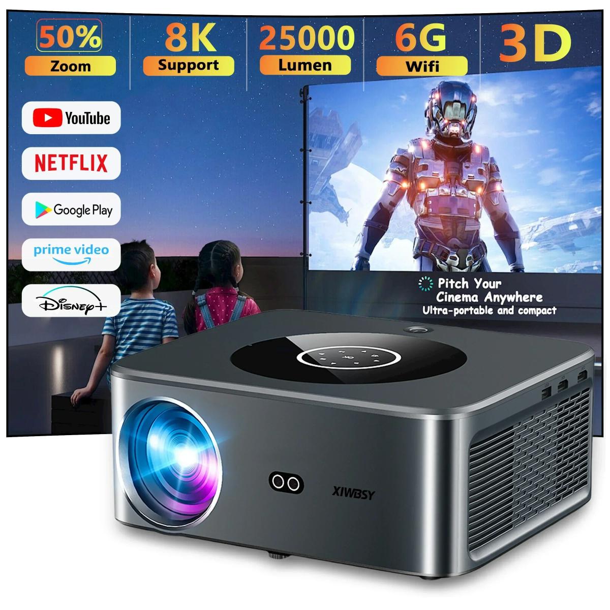 XIWBSY 25000 lúmenes Android 4K Proyector LED 800ANSI WiFi6 Proyector Bluetooth Video Cine en casa Enfoque automático/Proyector Keystone