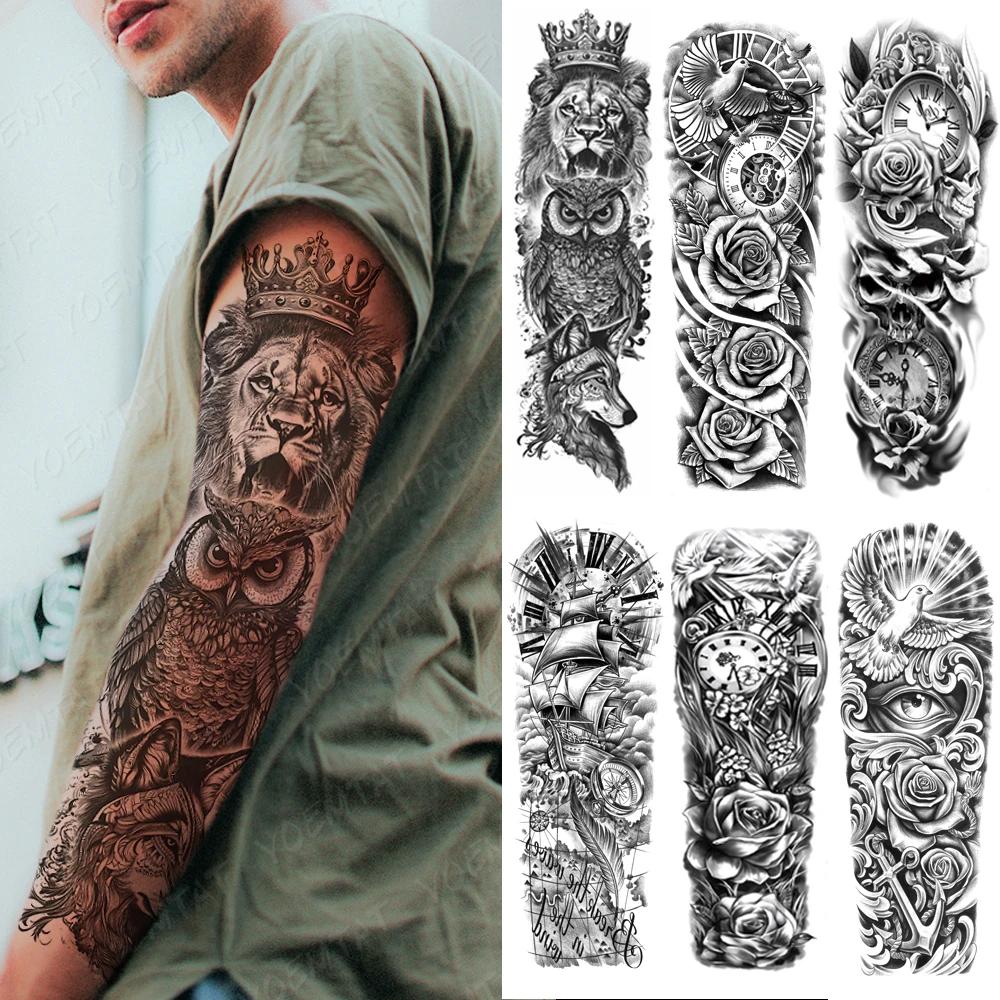 Tatuaje de manga grande para brazo, pegatina de tatuaje temporal a prueba de agua, León, corona, Rey, rosa, lobo salvaje, Tigre, hombres, tótem de calavera completa, tatuaje falso