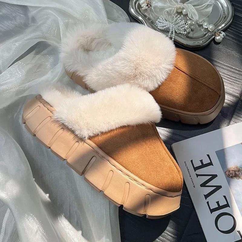 Nuevas zapatillas mullidas de interior para mujer, zapatos cálidos de invierno de suela gruesa para parejas, zapatillas de suelo de casa para mantener el calor de piel suave para mujer y hombre